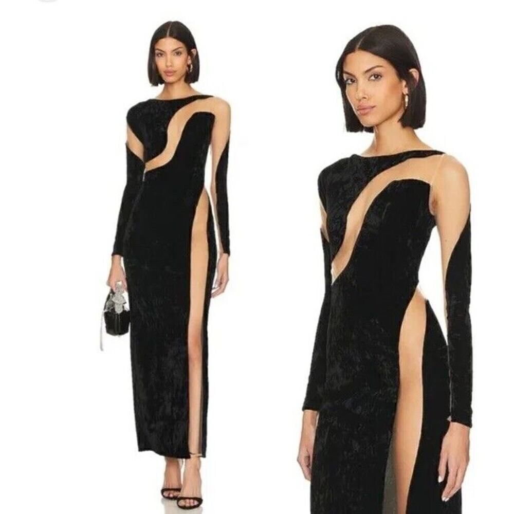 NBD Fareena Long Sleeve Mesh Sheer Formal Black Velvet Maxi Dress XS NWT flaw